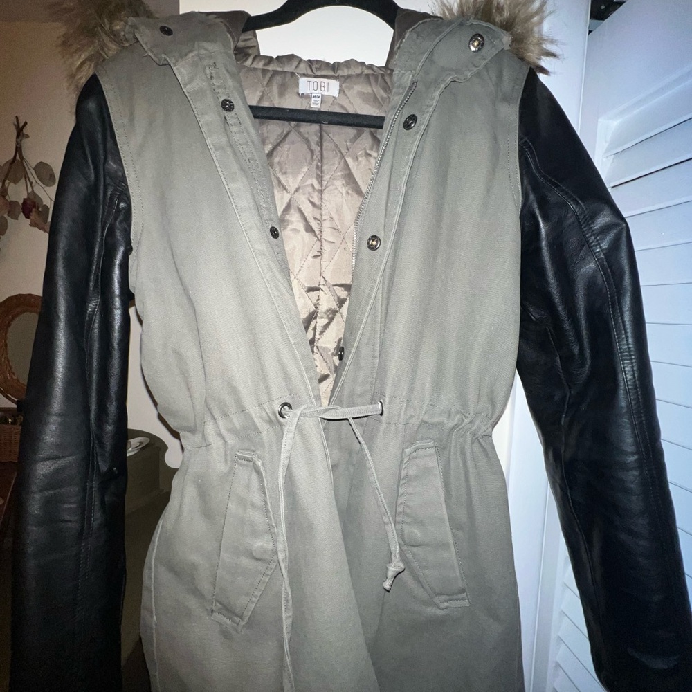 Tobi Olive and Black Utility Jacket with Faux Fur Hood